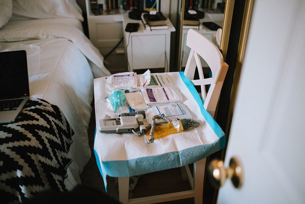 Midwife's tools set up at home birth